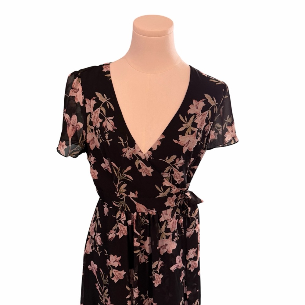 Ryan Michelle Floral Wrap Maxi Dress Black Pink Boho Chiffon Flutter Sleeve M - Picture 5 of 15